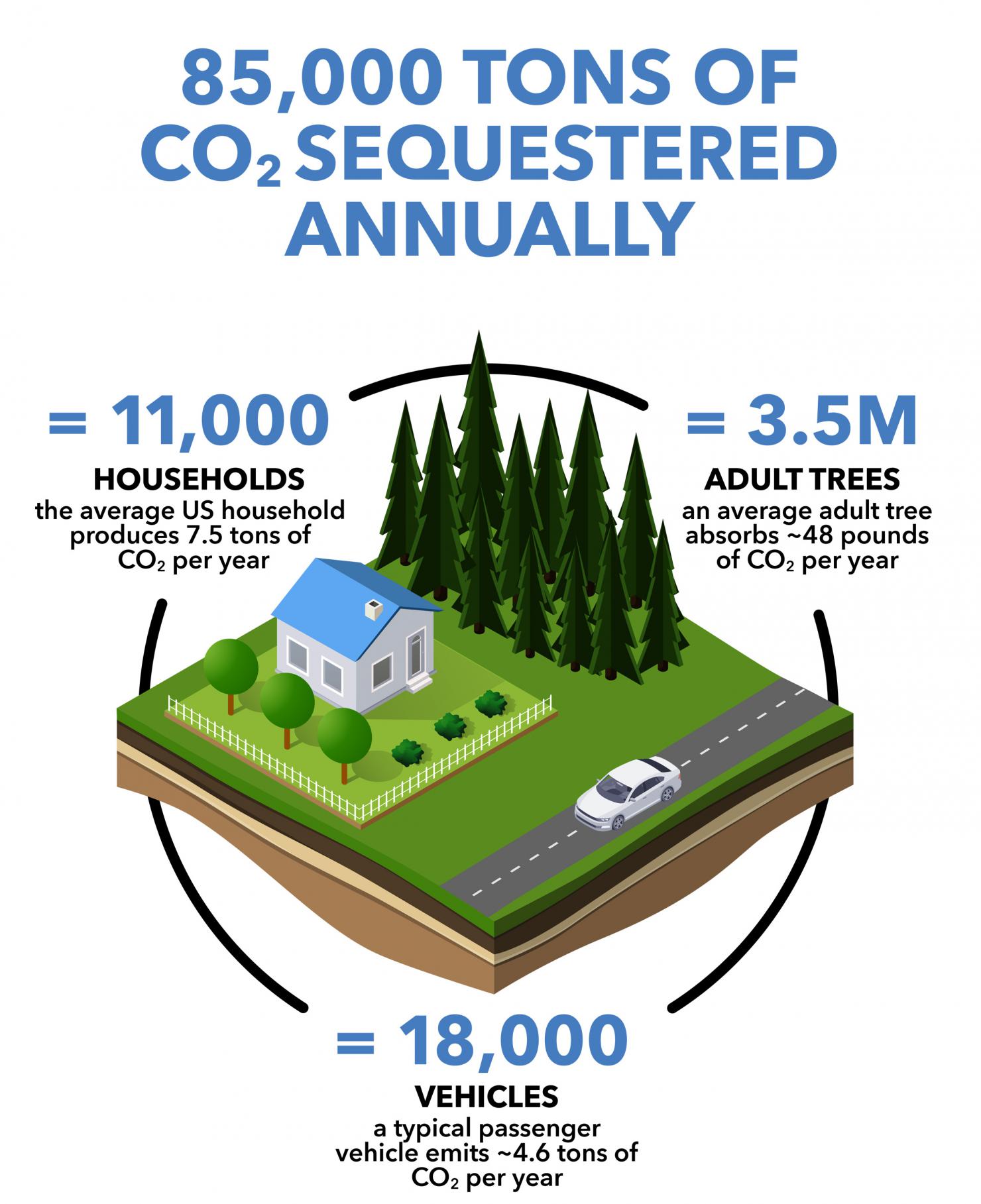 85,000 tons of CO2 sequestered annually